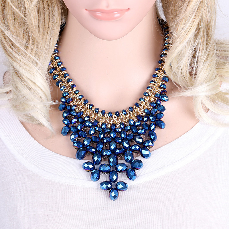 Elegant Sapphire Blue Oval Shape Gemstone Weaving Decorated Short Chain Necklace,Beaded Necklaces