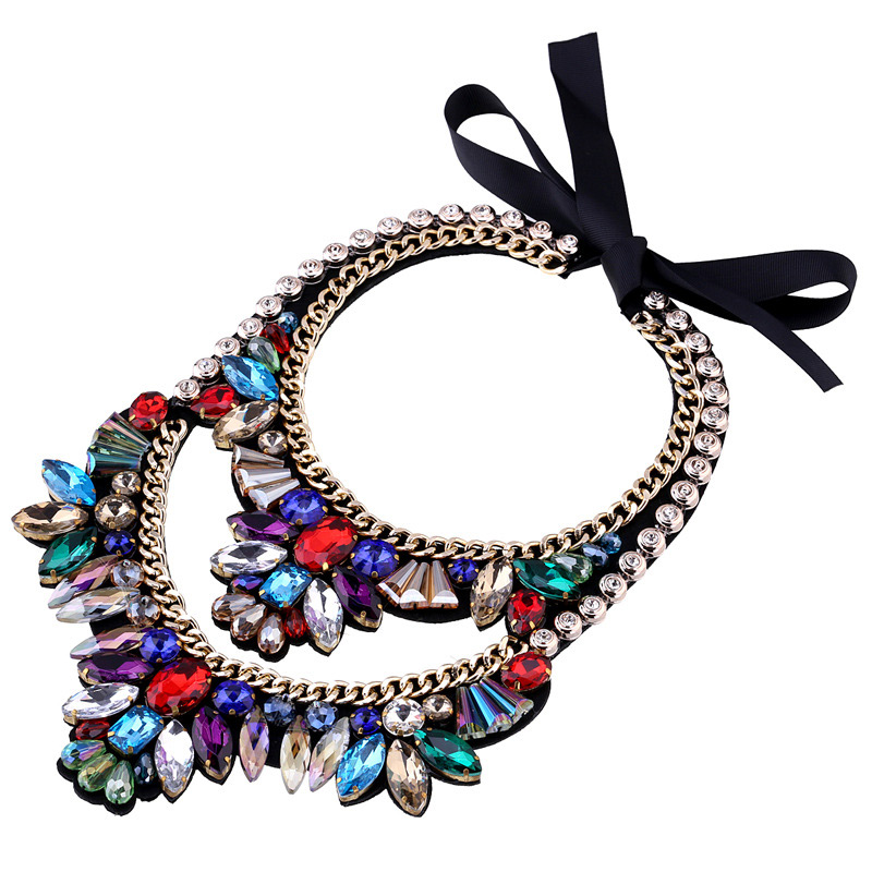 Luxury Multi-color Double Layer Geometric Diamond Decorated Short Chain Necklace,Multi Strand Necklaces
