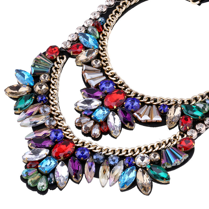 Luxury Multi-color Double Layer Geometric Diamond Decorated Short Chain Necklace,Multi Strand Necklaces
