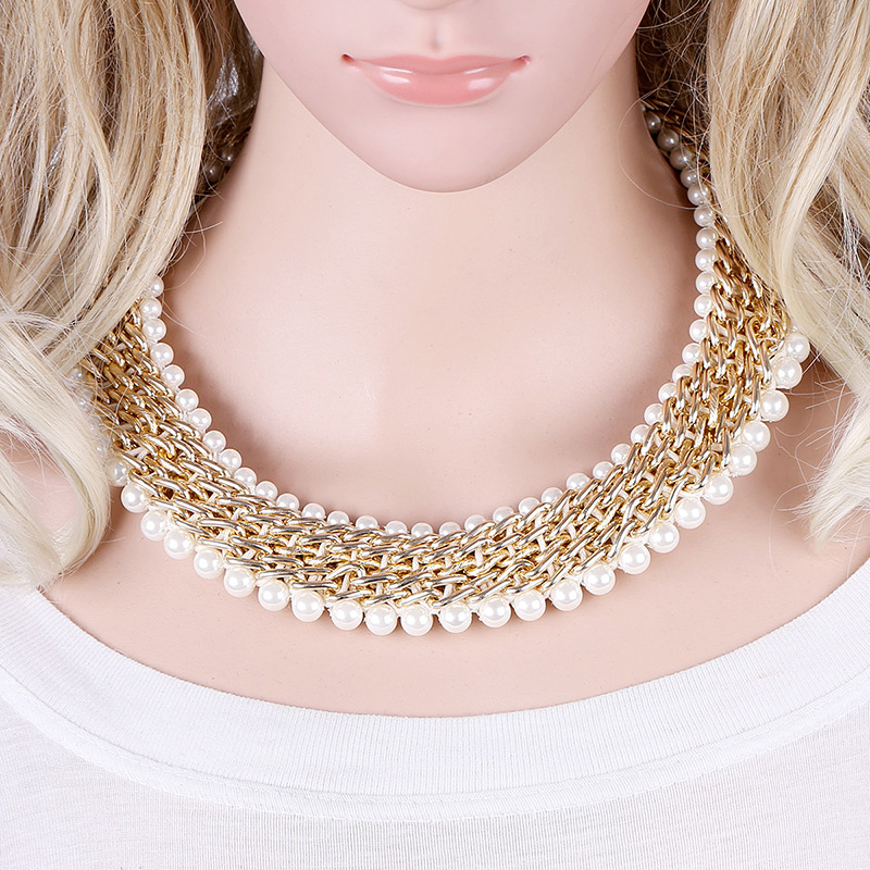 Vintage Gold Color+white Pearls Decorated Hand-woven Simple Collarbone Necklace,Chokers