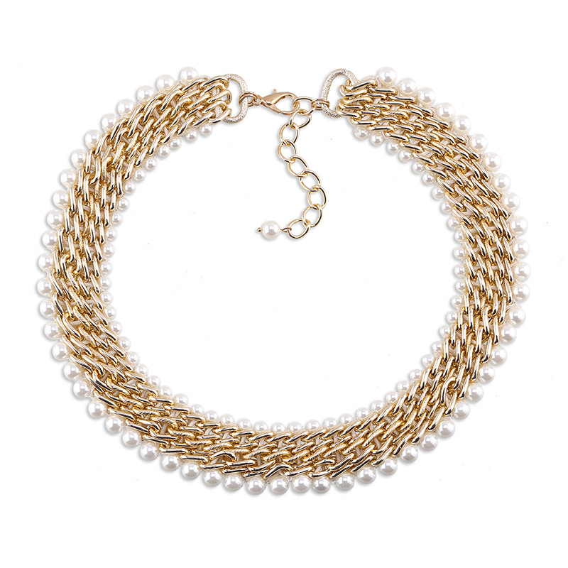 Vintage Gold Color+white Pearls Decorated Hand-woven Simple Collarbone Necklace,Chokers