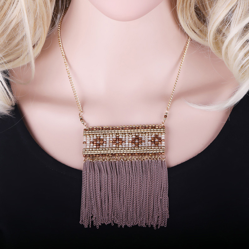Exaggerated Coffee Long Tassel Pendant Decorated Square Shape Design Simple Necklace,Pendants