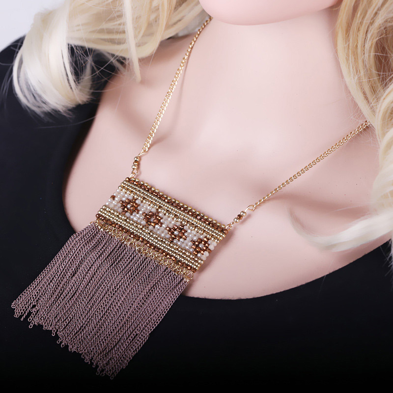 Exaggerated Coffee Long Tassel Pendant Decorated Square Shape Design Simple Necklace,Pendants