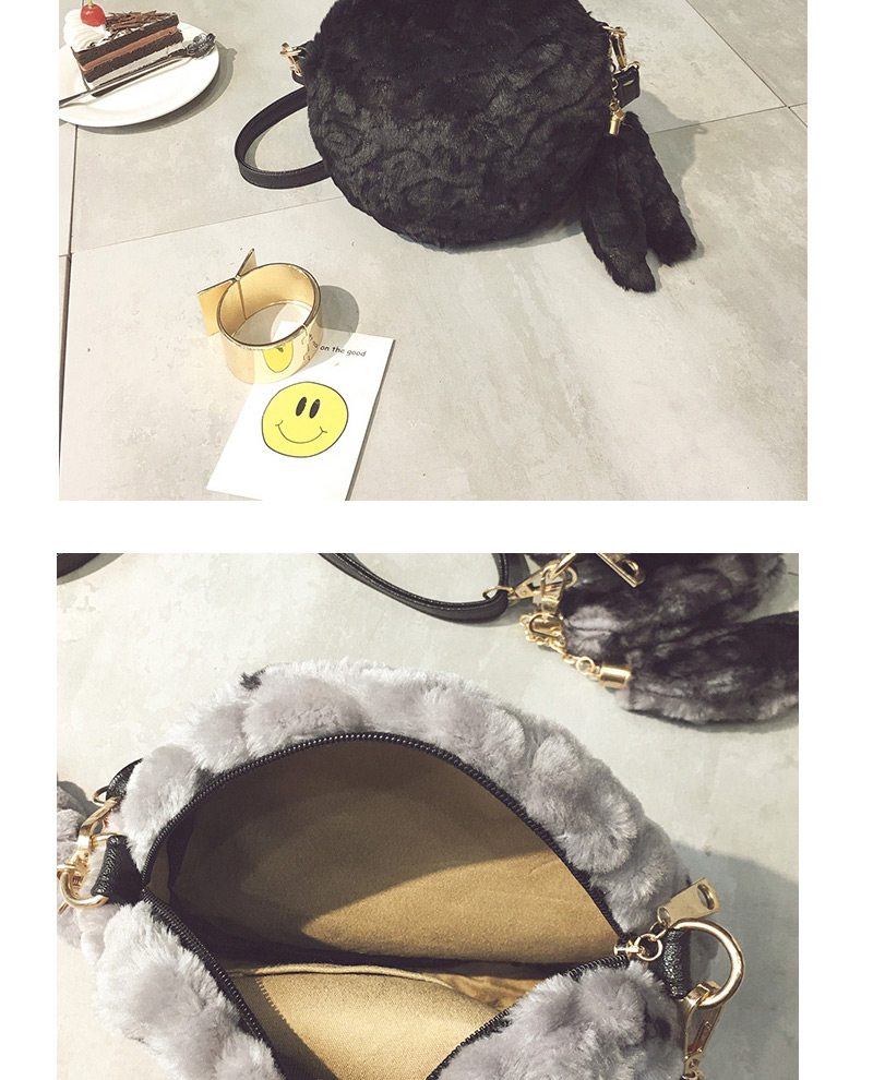 Cute Gray Fuzzy Ball Penndant Decorated Round Shape Bag,Shoulder bags
