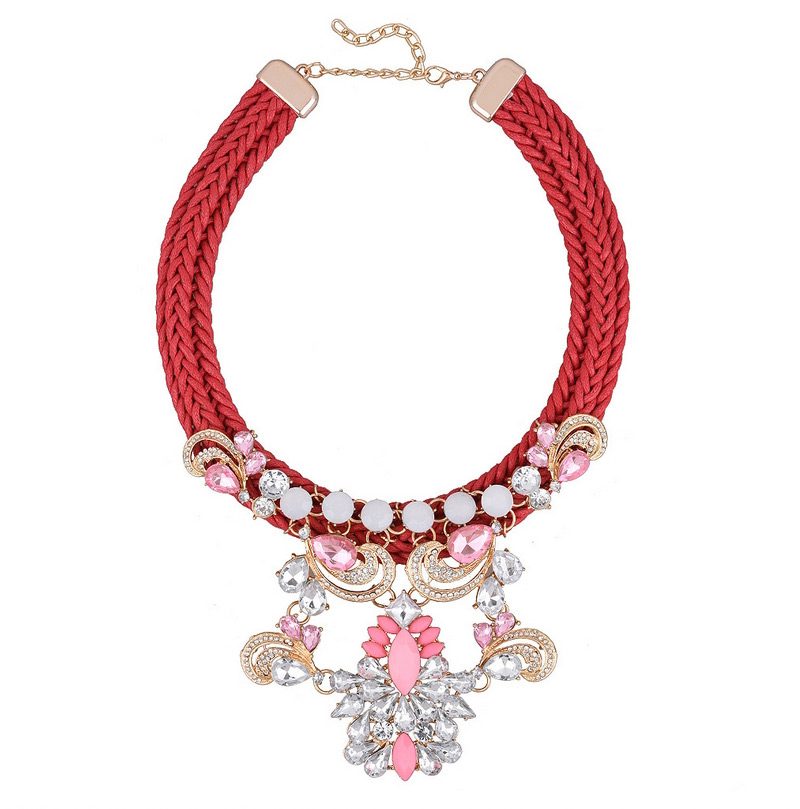 Exaggerate Red Geometric Shape Diamond Decorated Hand-woven Short Chain Necklace,Multi Strand Necklaces