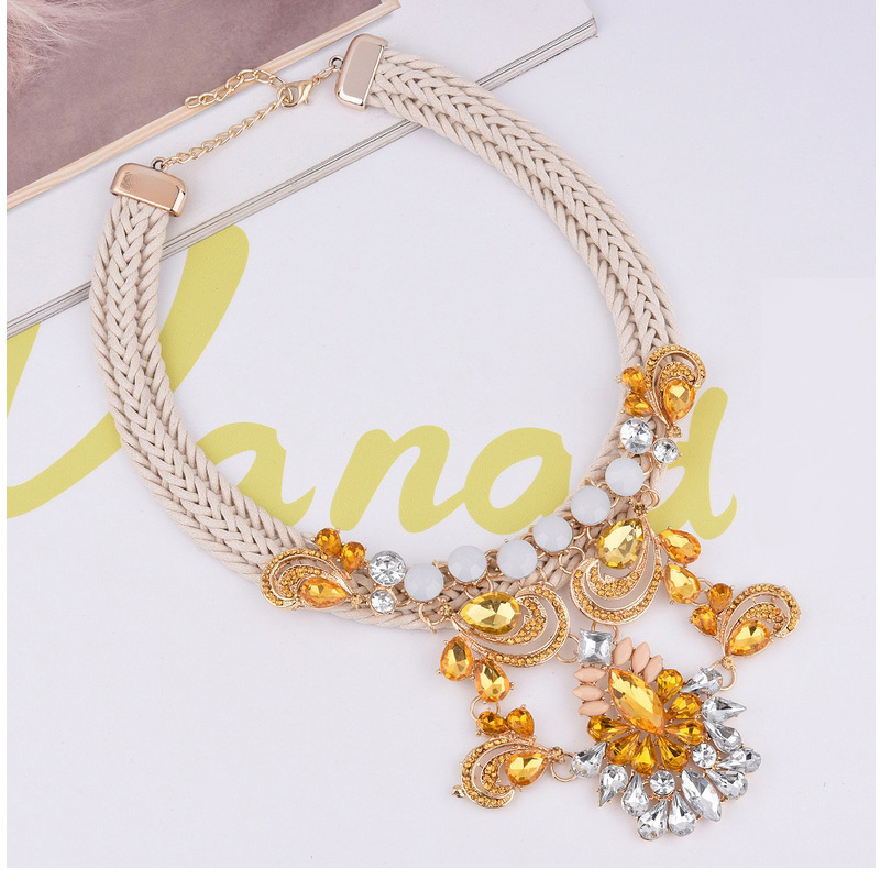 Exaggerate Yellow Geometric Shape Diamond Decorated Hand-woven Short Chain Necklace,Multi Strand Necklaces