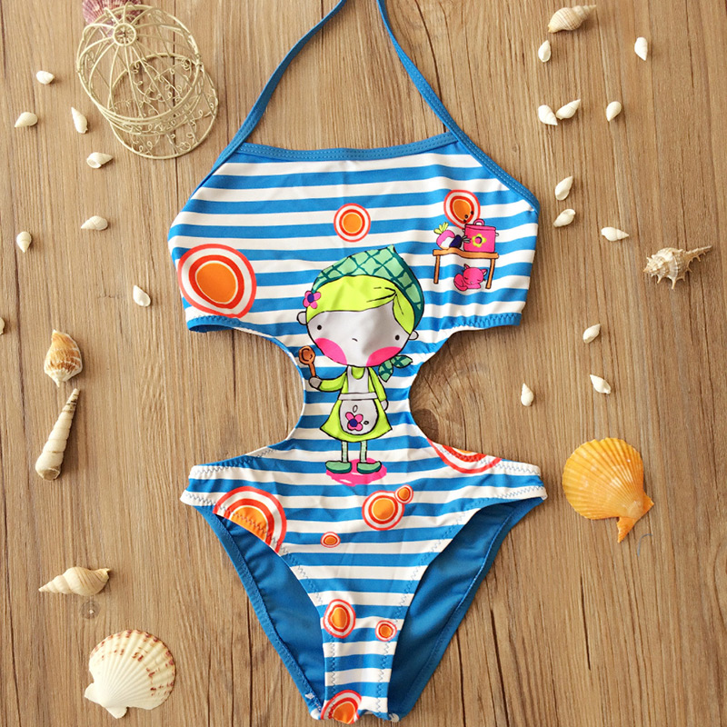Cute Blue Stripe&girl Pattern Decorated One-piece Kids Swimwear,Kids Swimwear