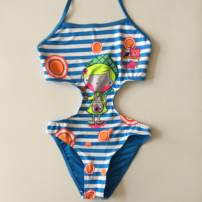 Cute Blue Stripe&girl Pattern Decorated One-piece Kids Swimwear,Kids Swimwear