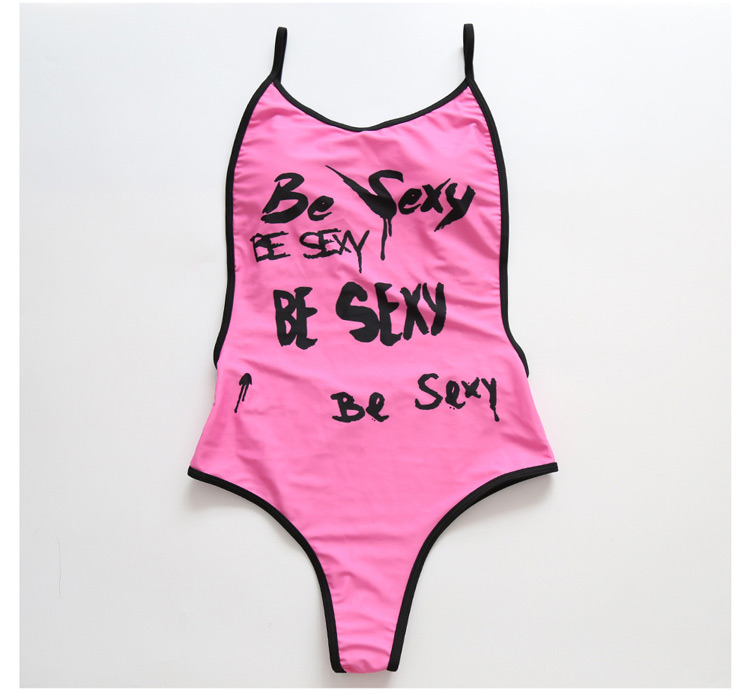 Sexy Pink Letter Pattern Decorated Backless One-piece Bikini,One Pieces