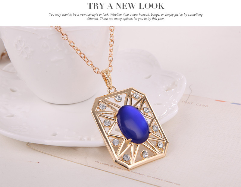 Elegant Gold Color+blue Square Shape Pendant Decorated Long Chain Jewelry Sets,Jewelry Sets