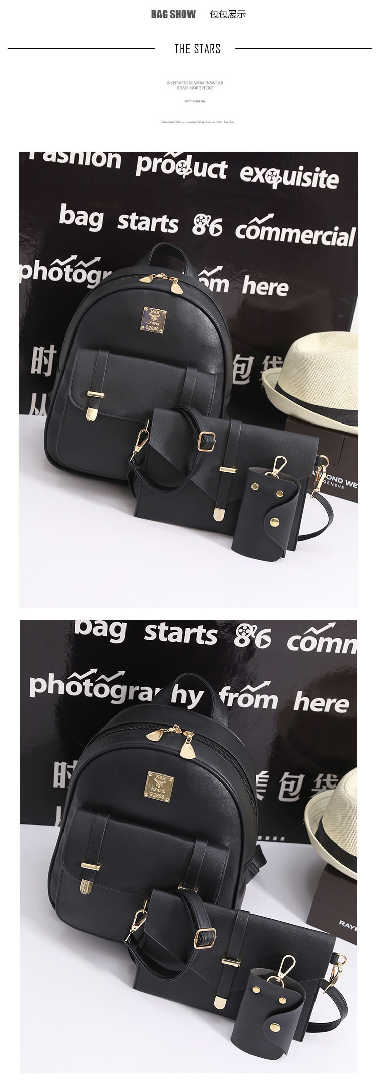 Cute Black Rivet&buckle Decorated Pure Color Bag Sets(4pcs),Backpack
