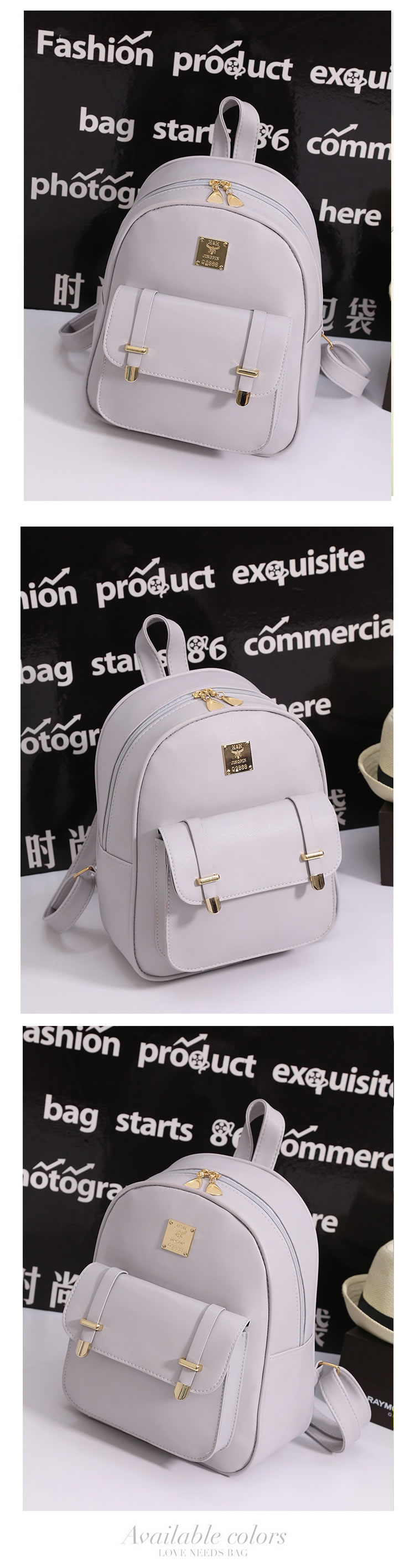 Cute Gray Rivet&buckle Decorated Pure Color Bag Sets(4pcs),Backpack