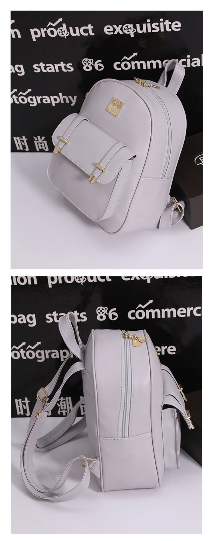 Cute Gray Rivet&buckle Decorated Pure Color Bag Sets(4pcs),Backpack