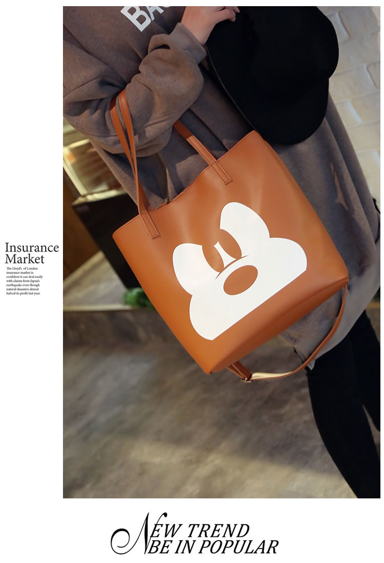 Vintage Light Brown Cartoon Pattern Decorated Pure Color Bucket Shoulder Bag,Messenger bags