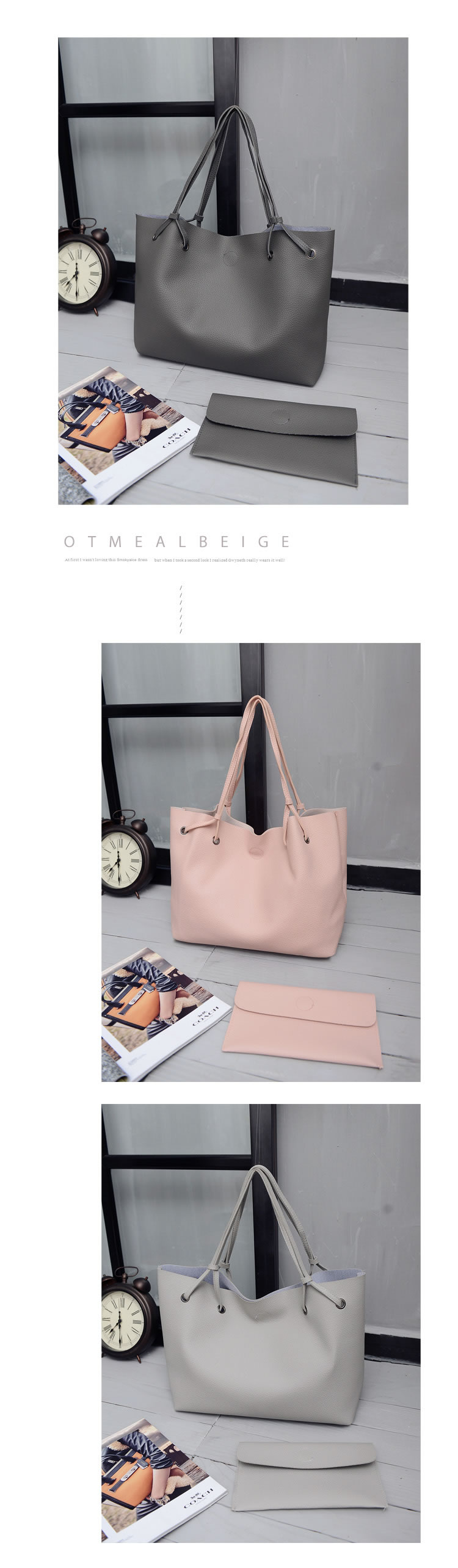 Vintage Light Gray Pure Color Decorated Simple Bag Sets(2pcs),Handbags