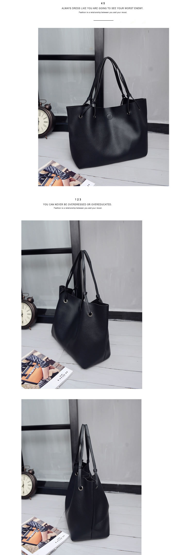 Vintage Black Pure Color Decorated Simple Bag Sets(2pcs),Handbags