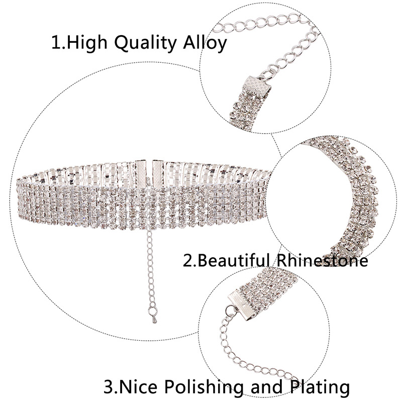 Elegant Silver Color Square Diamond Decorated Multilayer Chocker,Chokers