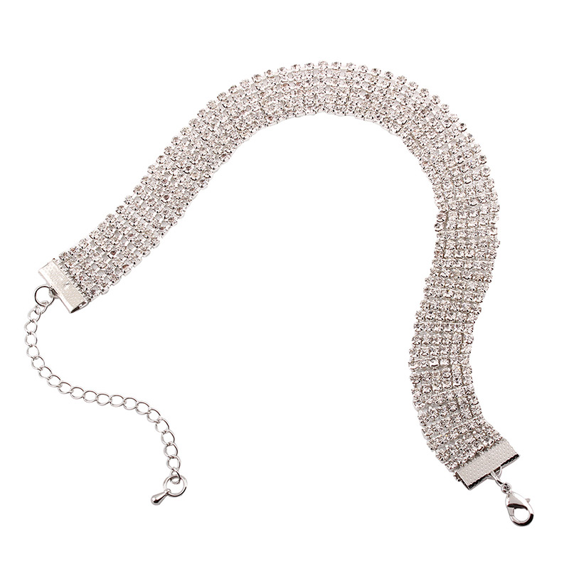 Elegant Silver Color Square Diamond Decorated Multilayer Chocker,Chokers