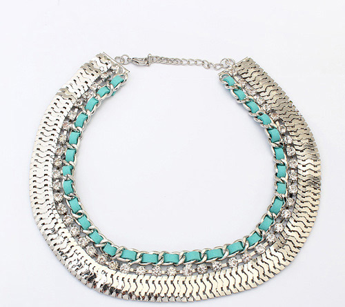 Retro White+light Green Diamond Decorated Short Chain Collar Necklace,Chains