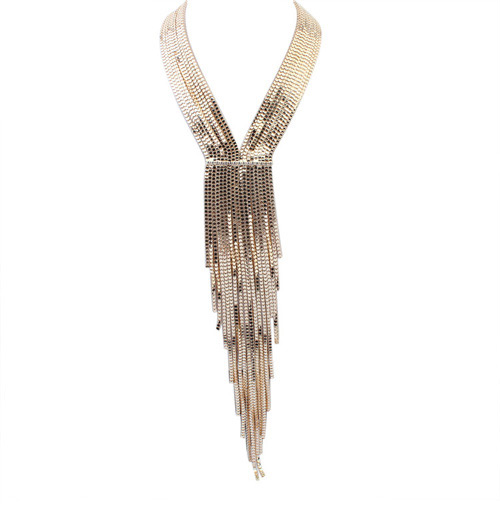 Exaggerate Gold Color Long Tassel Decorated Simple Collar Necklace,Multi Strand Necklaces