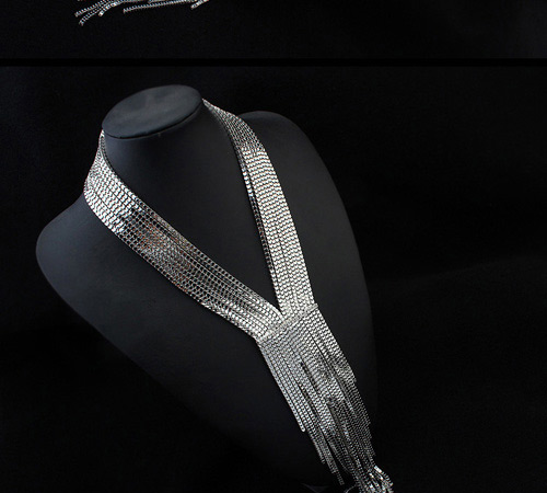 Exaggerate Silver Color Long Tassel Decorated Simple Collar Necklace,Multi Strand Necklaces