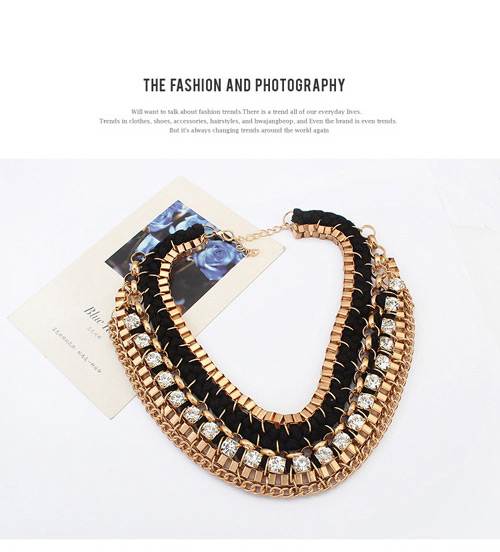 Exaggerated Black Square Diamond Decorated Hand-woven Collar Necklace,Bib Necklaces