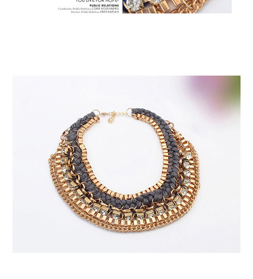 Exaggerated Black Square Diamond Decorated Hand-woven Collar Necklace,Bib Necklaces