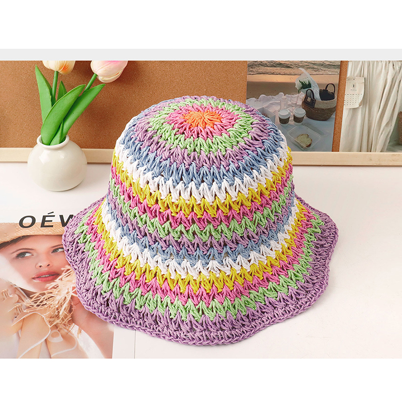 Fashion Off-white—old Style Rainbow Stripes Straw Foldable Striped Bucket Hat