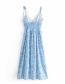 Fashion Blue Sling V-neck Flower Print Halter Dress