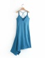 Fashion Blue Silk Satin Strapless Open Back Irregular Dress