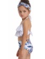 Fashion Leaves On White Printed Ruffled Hanging Neck Children's Swimsuit
