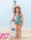 Fashion Green Plant Print Children's One-piece Swimsuit To Send Swimming Cap