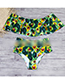 Fashion Green Flower High-waisted Shoulder Ruffled Printed Bikini