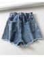 Fashion Blue Washed Raw Drawstring Denim Lace Shorts