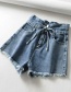 Fashion Blue Washed Raw Drawstring Denim Lace Shorts