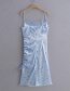 Fashion Blue Satin Flower Print Single-sided Drawstring Split Dress
