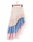 Fashion Pink + Blue Flower Print Colorblock Fishtail Skirt Ruffle Skirt