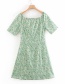 Fashion Green Square Collar Flower Print Single Breasted Dress