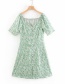 Fashion Green Square Collar Flower Print Single Breasted Dress