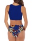 Fashion Blue High Neck Knotted Printed High Waist Split Swimsuit