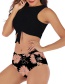Fashion Black High Neck Knotted Printed High Waist Split Swimsuit