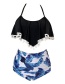 Fashion Black + Blue Hair Ball Ruffled Printed High Waist Split Swimsuit