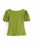 Fashion Mustard Green V-neck Puff Sleeve Short-sleeved T-shirt