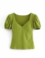 Fashion Mustard Green V-neck Puff Sleeve Short-sleeved T-shirt