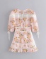 Fashion Light Pink Mesh Stitching Flower Print V Leader Mouth Lace Dress
