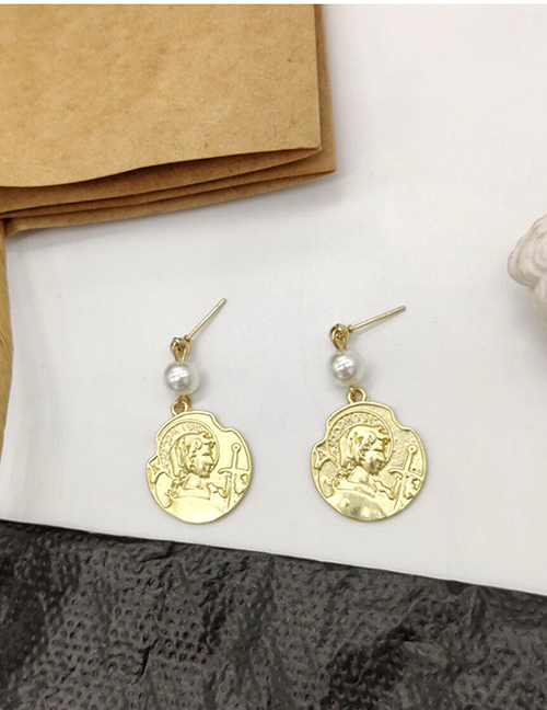 Fashion Gold Pearl Metal Coin Beauty Head Stud Earrings