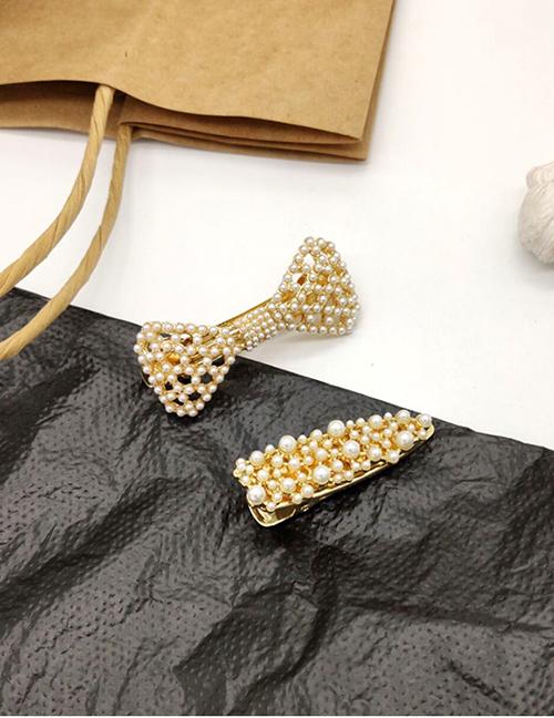 Fashion Gold Pearl Bow Earrings Openwork Hair Clip Set