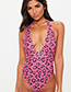 Fashion Rose Red Leopard Print Halter One-piece Swimsuit