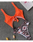 Fashion Orange Snakeskin Knotted High Waist Openwork Stitching One-piece Swimsuit