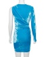 Fashion Blue One-shoulder Sleeve Round Neck Dress